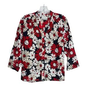 Alfred Dunner Petite Floral‎ Print Button Front Blouse Red White Black Size 8P